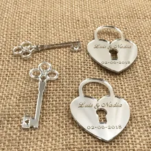 50 шт. персонализированные пользовательские Выгравированные свадебные имя и дата зеркало серебро золото деревянный ключ замок свадебный подарок метки