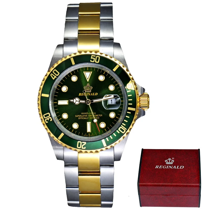 Полностью стальные мужские часы, Топ бренд, Роскошные Кварцевые часы для мужчин, мужские часы, 50 м, для водных видов спорта, мужские наручные часы,, relogio masculino - Цвет: gold green with box