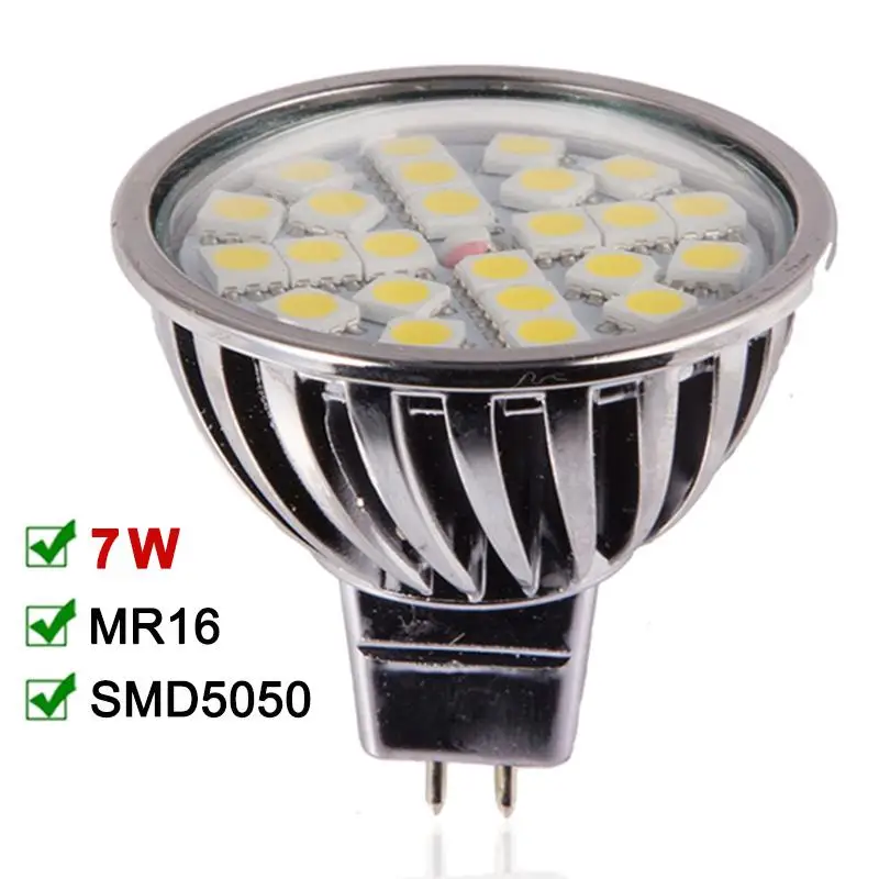 

High Quality MR16 7W 12V LED Lamp Bulb 24leds SMD5050 Bombillas LED Light Aluminum Warm/Cold White LED Spot Light Dimmable