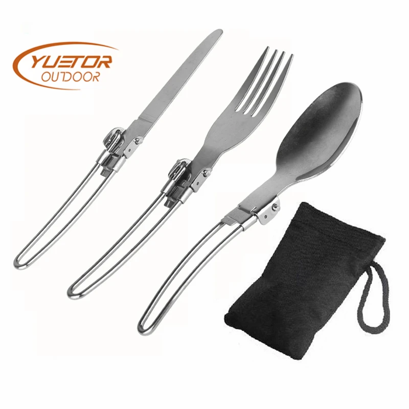 

YUETOR OUTDOOR 3 PCS Set Cross-Border Stainless Steel Camping Picnic Tableware Walking Travel Folding Tableware Knife Fork Spoon