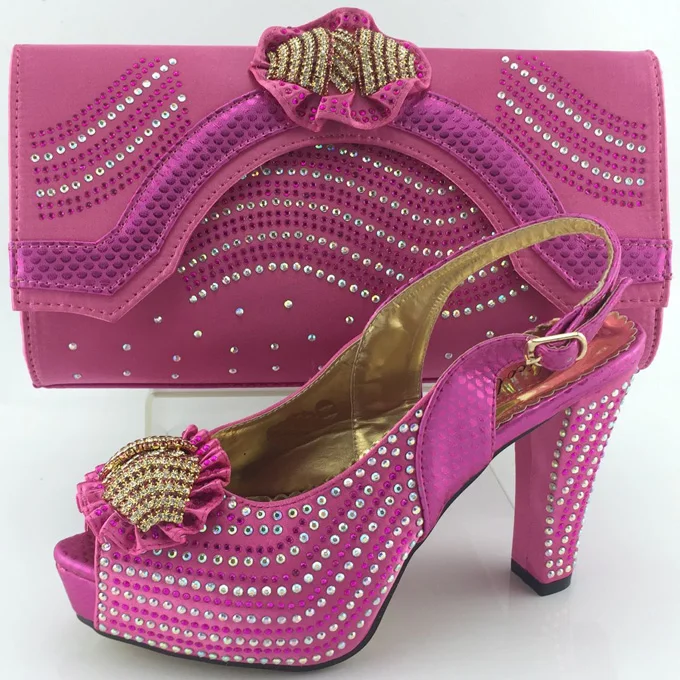 

Graceful fuchsia African sandal shoes with handbag with rhinestones for wedding/party ME3327, heel height 10cm