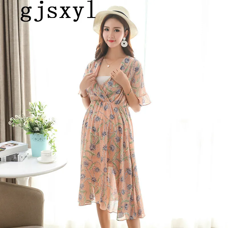 

Summer New Pattern 2018 Maternity Chiffon Printing Dress elegant Short Sleeve Long Fund Lactation pregnancy Clothes