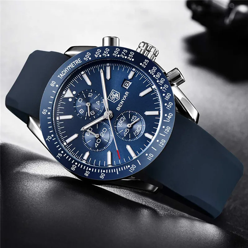 Relogio Masculino BENYAR мужские часы лучший бренд класса люкс Синий хронограф спортивные мужские часы военный резиновый ремешок кварцевые наручные часы