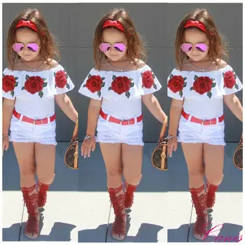 

Gilr Clothes Set Summer Off Shoulder Blouse Roes Embroidery Short Pants 3 Pcs With Belt Clothing Suit For Baby Kids Cute Sets