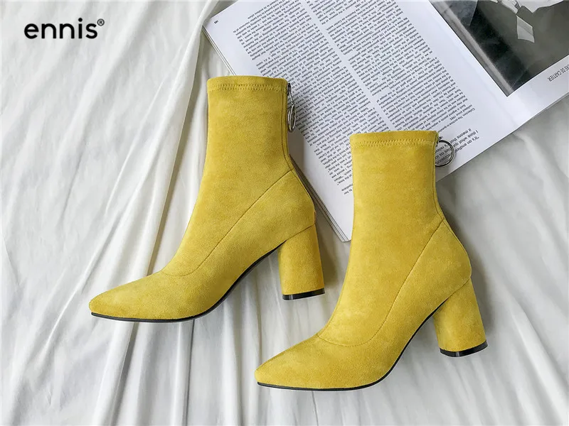 ENNIS/ г., зимние модные ботинки женские ботинки из ткани стрейч ботильоны на высоком каблуке с молнией сзади Осенняя обувь черного и желтого цвета Новинка, A8198