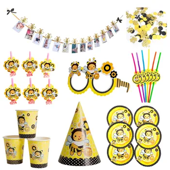 

Cartoon Bumble Bee Theme Party Decor Disposable Tableware Paper Plate Hat Cup Flag Banner for Kids Birthday Party Decoration Sup