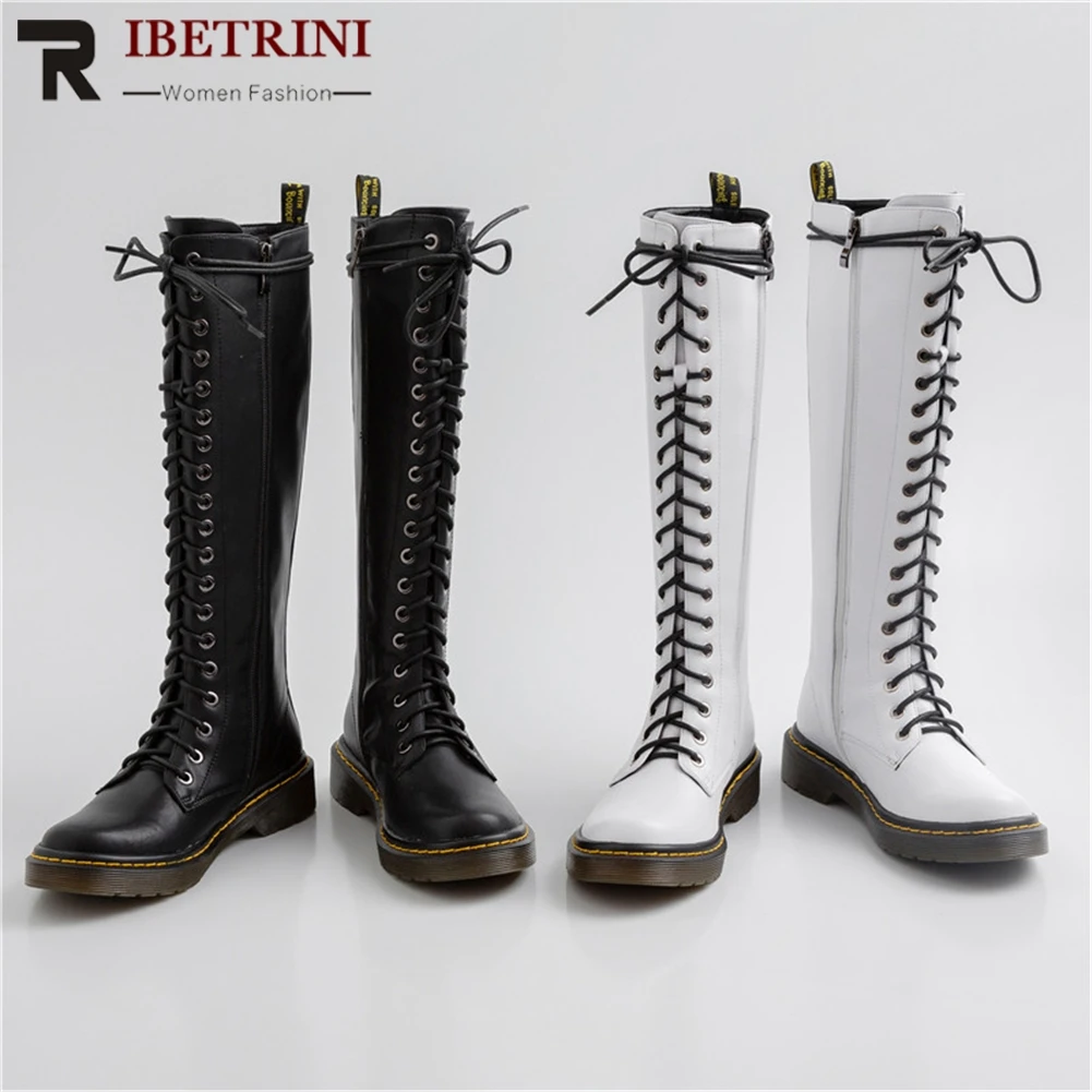 

RIBETRINI New Arrivals Cow Leather Add Fur Warm Boots Woman Shoes Zipper Chunky Heels Mid Calf Boots Female Shoes Woman