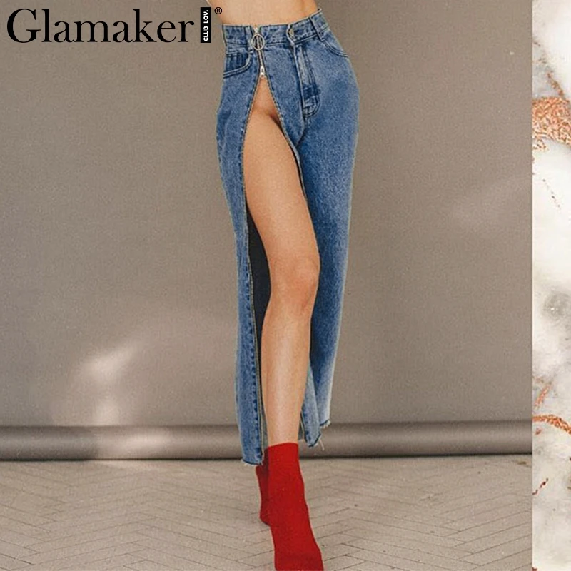Glamaker Sexy zipper denim jeans Women high waist casual fitness blue jeans Female winter streetwear straight denim pants bottom Glamaker Sexy zipper denim jeans Women high waist casual fitness blue jeans Female winter streetwear straight denim pants bottom