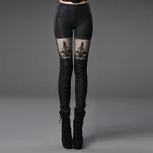 Punk Rave Gothic style black ankle-length thick leggings with flower pattern K-244