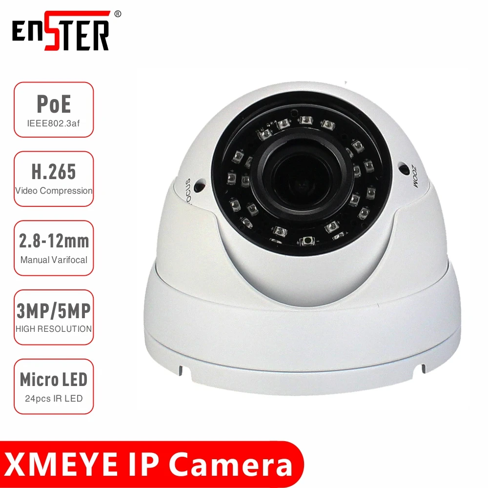 

Водонепроницаемая купольная IP-камера ENSTER, 2,8-12 мм, 3 Мп, 5 Мп