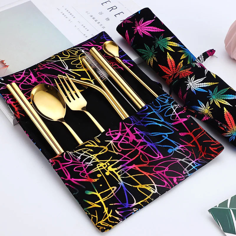 

2019new Korean Portable Cutlery Set Stainless Steel Cutlery Chopsticks Fork Spoon Set Metal Straw Pipette Spoon and Portable Bag