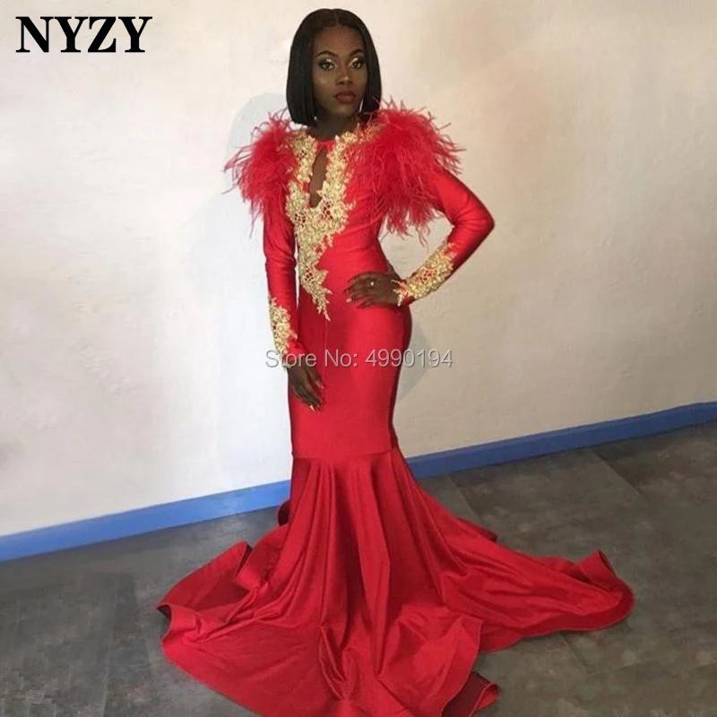 

NYZY E135 Feather Long Sleeve Mermaid Arabic Muslim Evening Dress Red Robe Soiree Dubai abendkleider 2019 abiye gece elbisesi