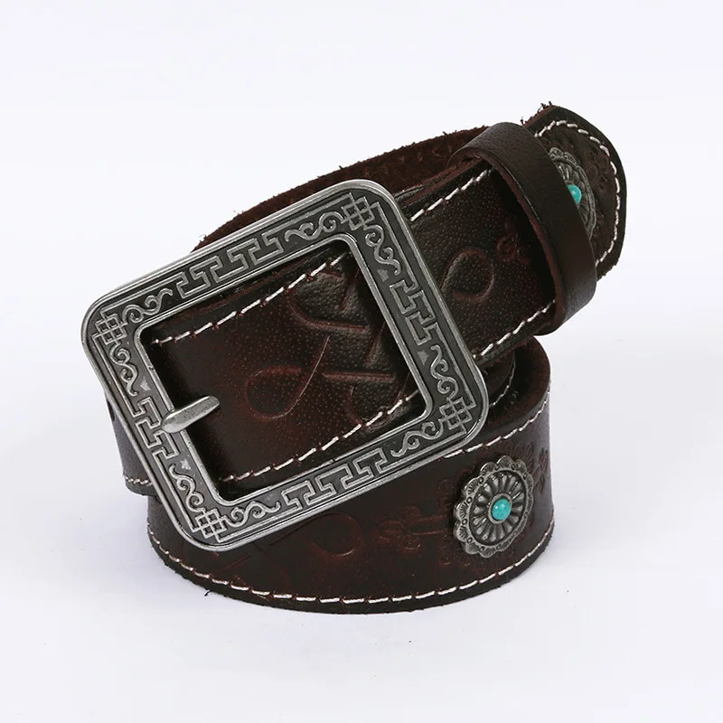 

Pin Buckle Cow Leather Belt Women Retro Ethnic Style Genuine Leathers belt Sculpture Alloy Embossing Dance Belt Inlaid Gemstone