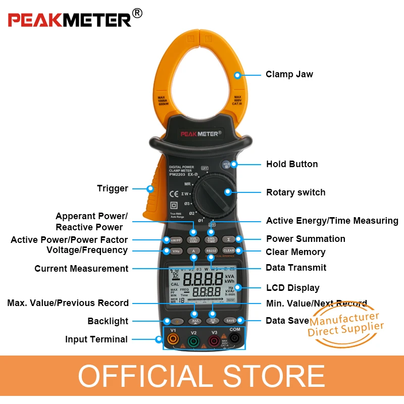 PEAKMETER PM2203 3-фазный ЖК-дисплей цифровой Профессиональный Высокая чувствительность зажим Мощность измеритель коэффициента передачи данных журнала Rs232 истинного среднеквадратичного значения