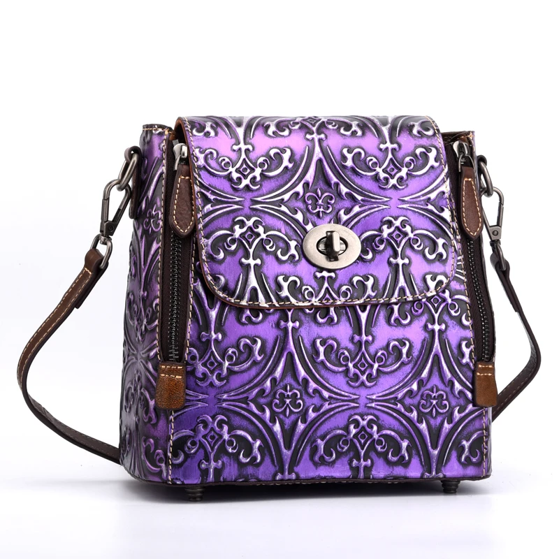 

Unique Embossing Designer Genuine Leather Bright Purple Color Women's Small Bag Backpack Multipurpose Three-way Female Back Pack