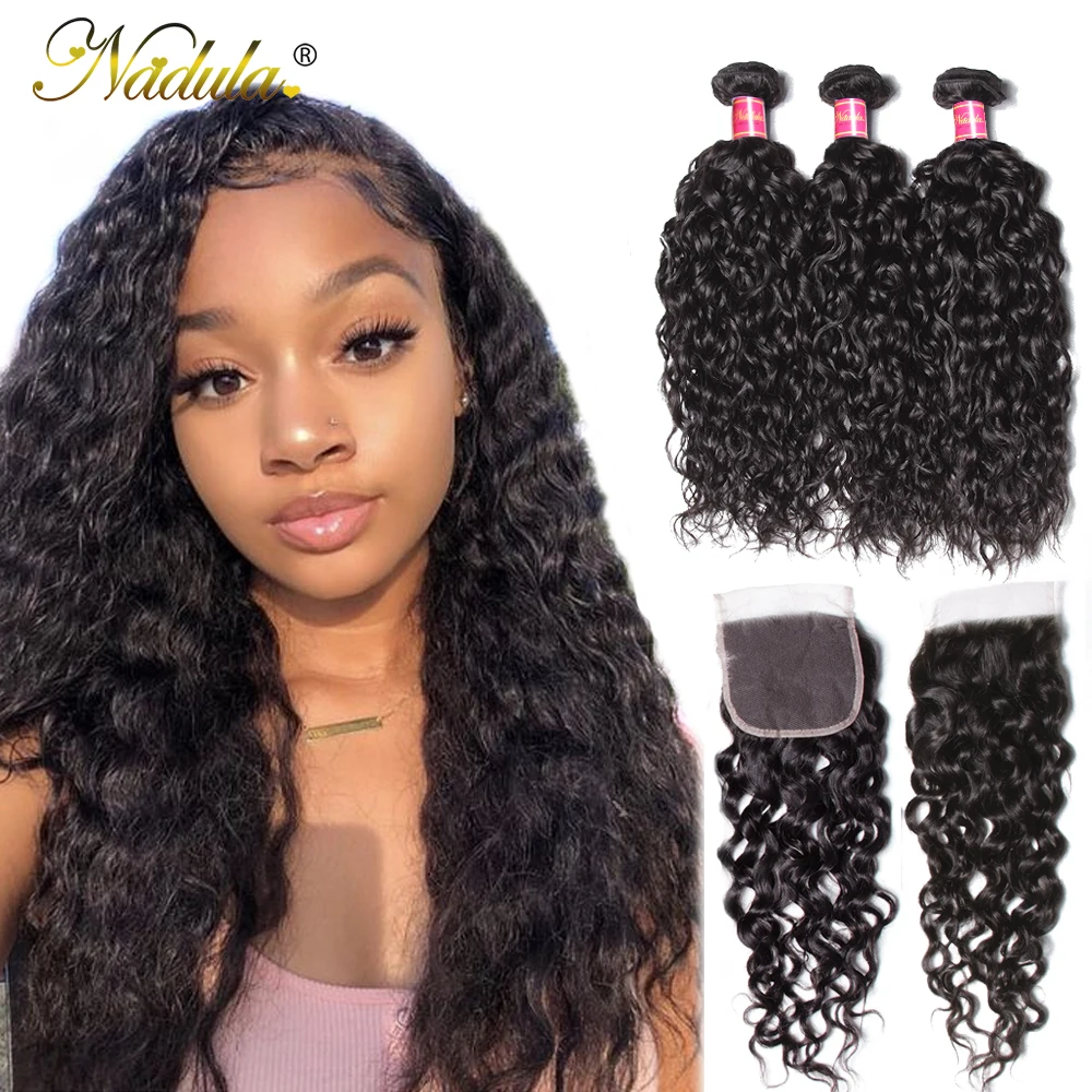 Nadula Hair Brazilian Hair Water Wave Bundles With Closure 3 Bundles With Lace Closure Human Hair Weave Bundles With Closure