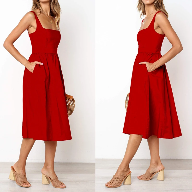 Women Simple Solid Color Dress Women Strapless Spaghetti Strap Fashion Vestidos Dresses Elegant Ladies Party Causal Summer Dress