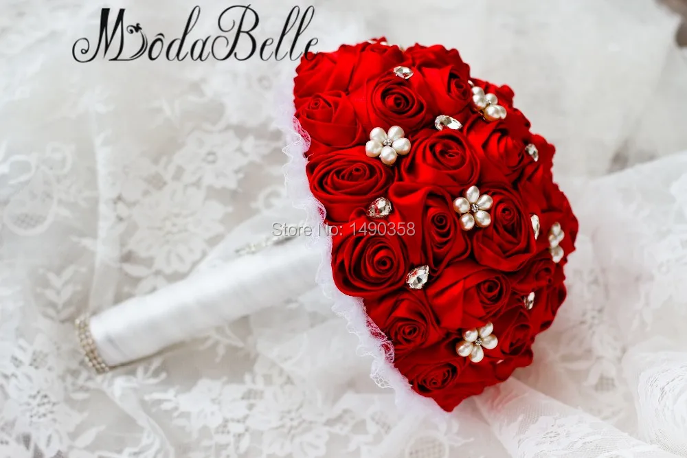 Свадебный букет из бисера со стразами и кристаллами, свадебный букет из красного атласа, шелковые розы, жемчужные цветы для подружки невесты, Blumenstrauss ModaBelle