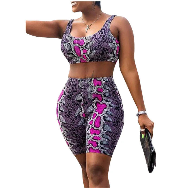 

2 Piece Set Women Snakeskin Printed Crop Top And Shorts Leopard Two Piece Set Fashion 2019 Summer Ladies Matching Sets