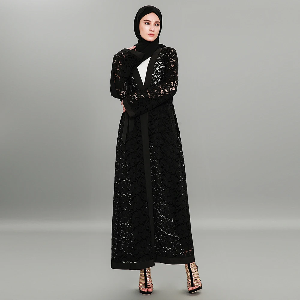 

Fashion Women Muslim Abaya Patchwork Hollow Out Lace Muslim Hijab Dress Black Cardigan 5XL Plus Size kaftan Ropa Islamica