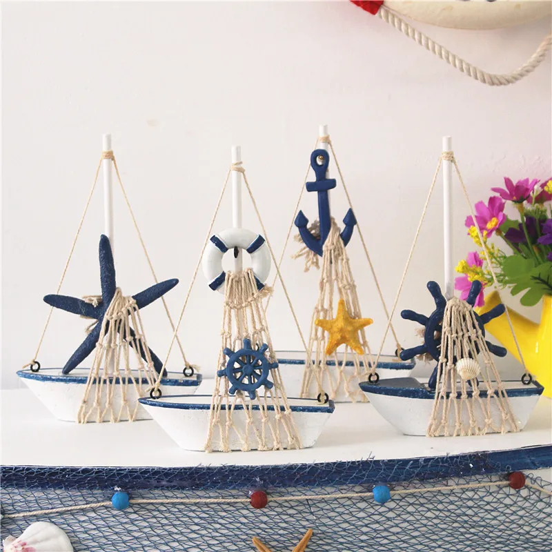 

For Living Room Bedroom Mediterranean Wood Handmade Sailboat Model Cotton Net Boat Home Decorations Wood Crafts Ornaments