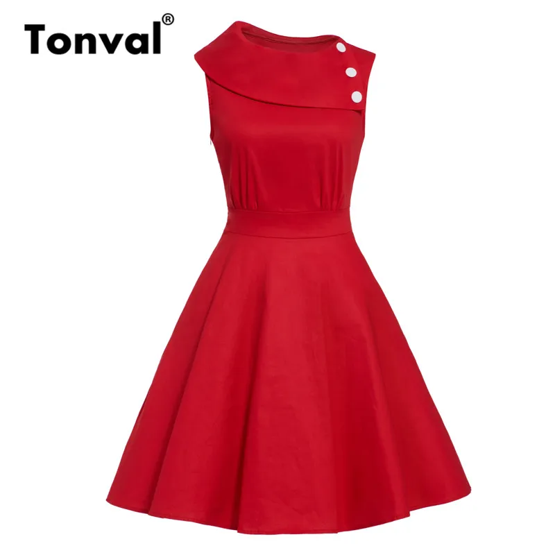 Tonval красное ретро платье с отложным воротником и пуговицами, без рукавов, с карманами, элегантное хлопковое платье для женщин, однотонное, приталенное, винтажное платье