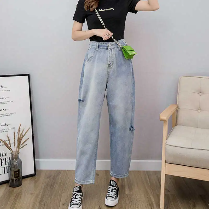 

Loose jeans women's high waist 2019 summer new hole Korean wide leg casual trousers autumn boyfriend jeans for women blue pants