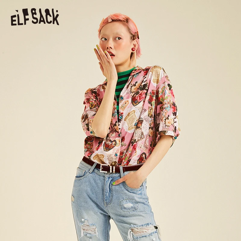  ELFSACK Floral Women Shirt Vintage Turn-down Collar Print Female Blouses 2019 Summer Fashion Street