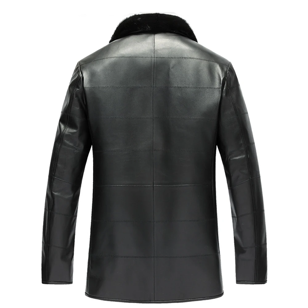 New Men's Mink Fur Coat Black Leather Jacket Luxury Casual