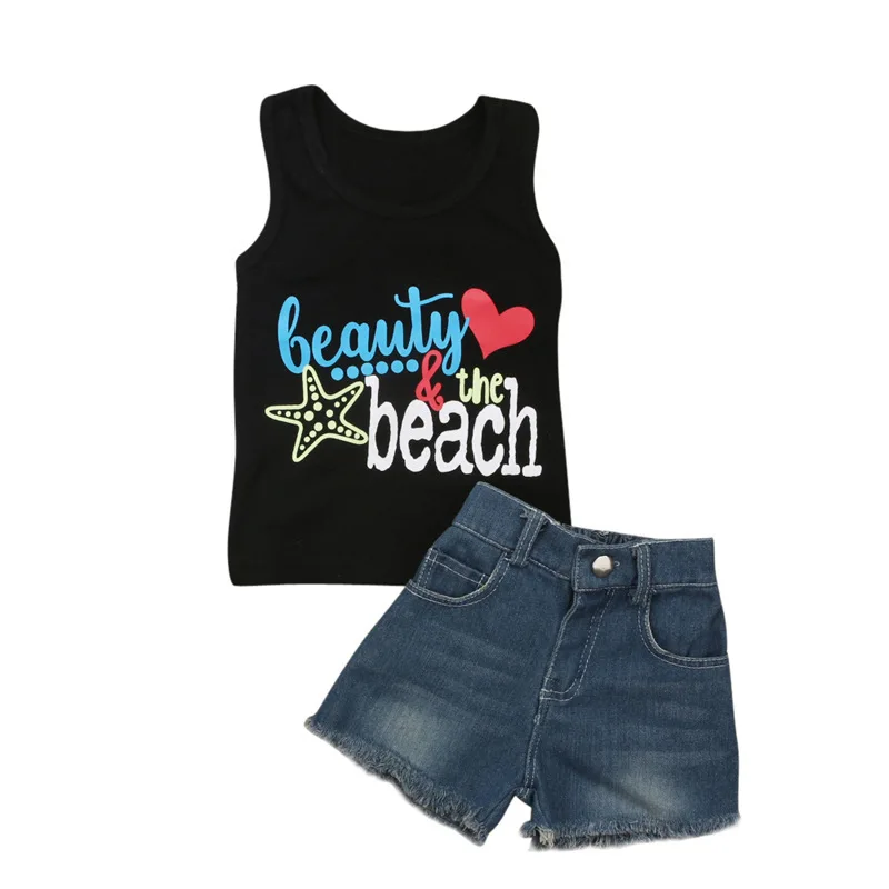 

Children Summer Sleeveless Letter Printed Girl Vest + Jeans Shorts 2PCS Children Set Kids Suit Girls Clothing