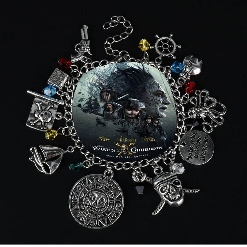 

DROP SHIPPINNG Charm Bracelet Pirates Of The Caribbean Jack Sparrow Aztec Coin Medallion Bangle Bracelet Vintage Jewelry
