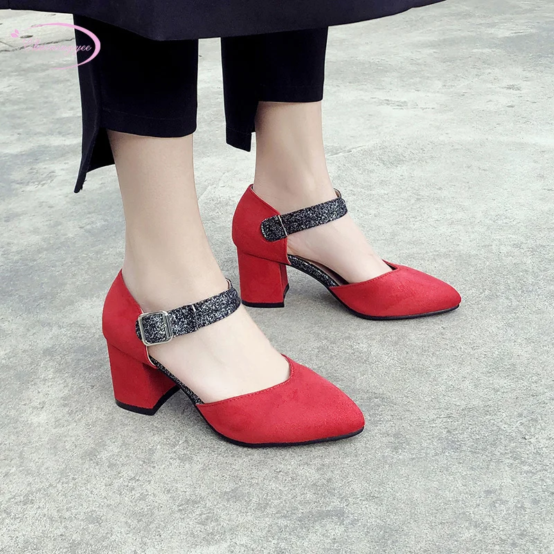 

Chinese party style sexy pointed toe flock summer sandals sequined buckle color matching thick high-heeled women's shoes