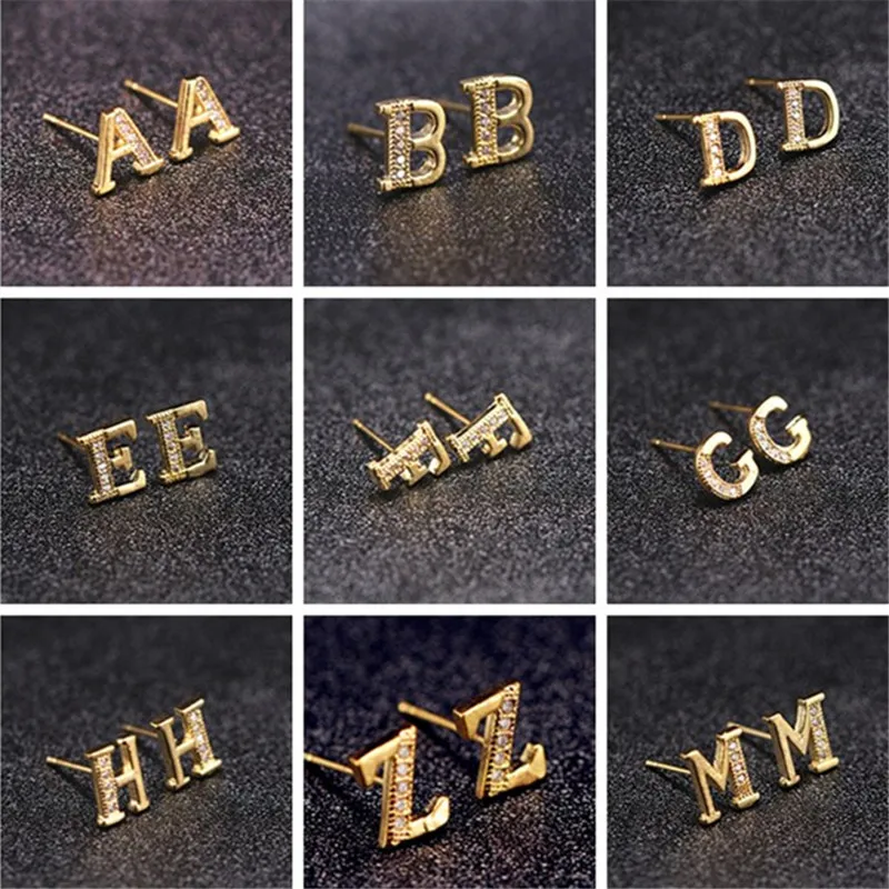 

26 Letter Crystal Stud Earrings for Women Gold Alphabet Initial Earring Wedding Jewelry Small Earrings Letters Brinco Pendientes