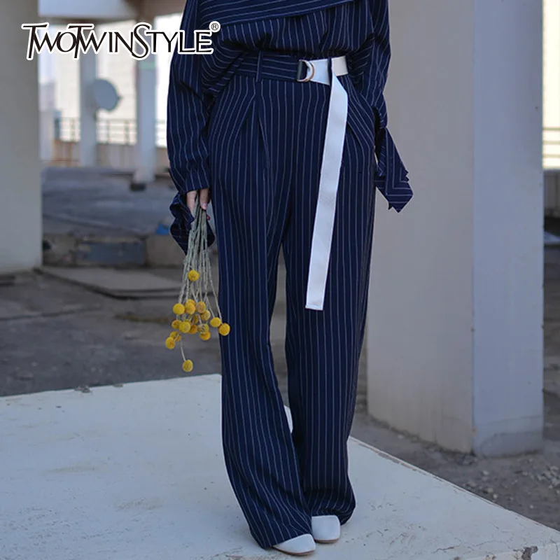 

TWOTWINSTYLE Striped Pants Womens Sashes High Waist Pocket X Long Wide Leg Trouser Female 2019 Spring Fashion OL Clothing