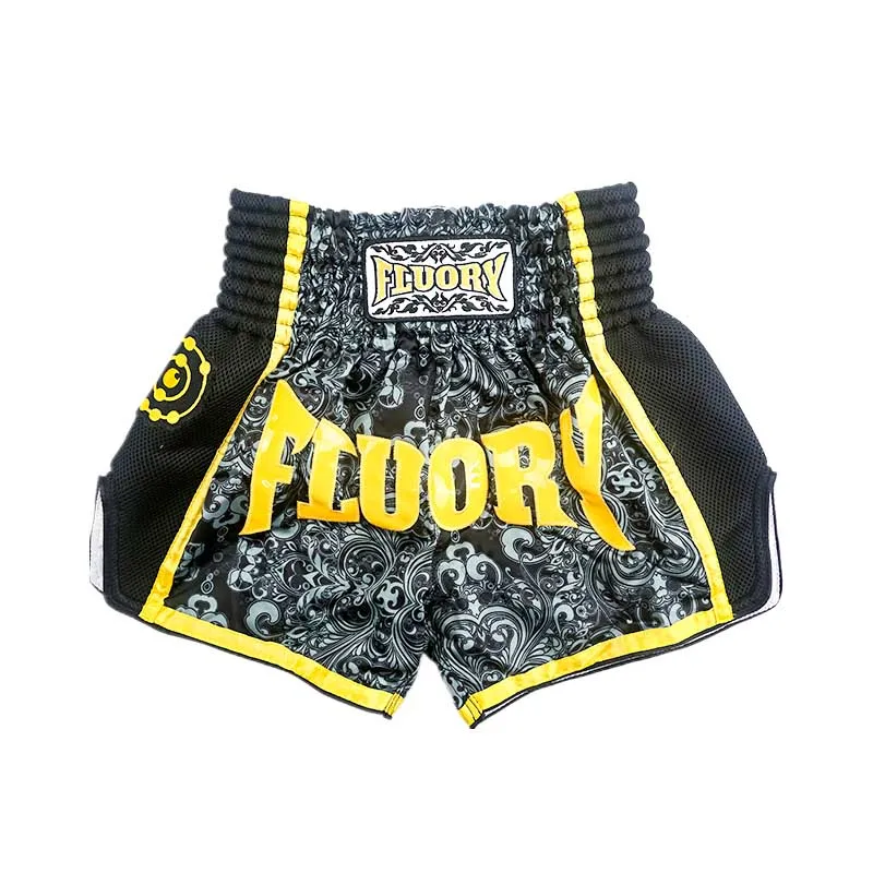 Fluory/3 цвета, детские шорты muay thai, шорты для бокса с цветочным принтом, новая модель, шорты mma для детей(для мальчиков и девочек - Цвет: GREY and black