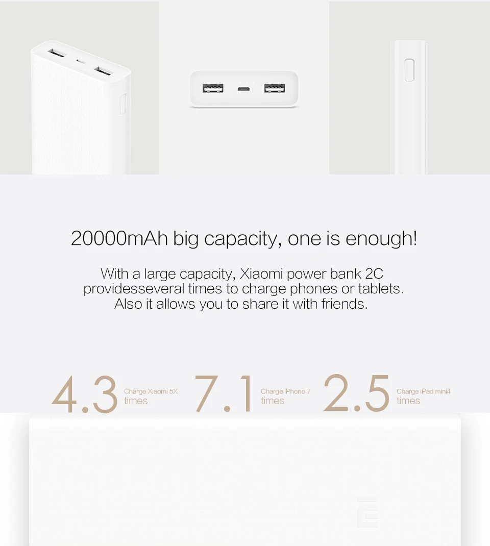 Xiaomi Mi 20000 mAh Power Bank 2C Dual USB Ports Two-way Fast Charge