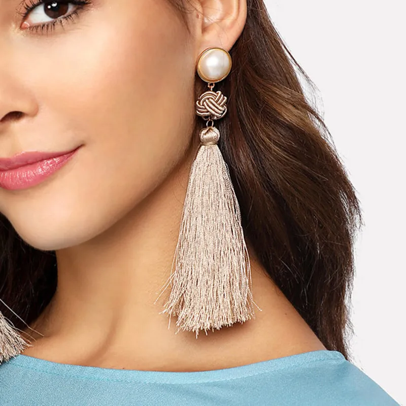 

USTAR Ethnic knot Tassel Earrings for Women Created Pearl Long Drop Earrings female Fashion Jewelry hanging kolczyki oorbellen