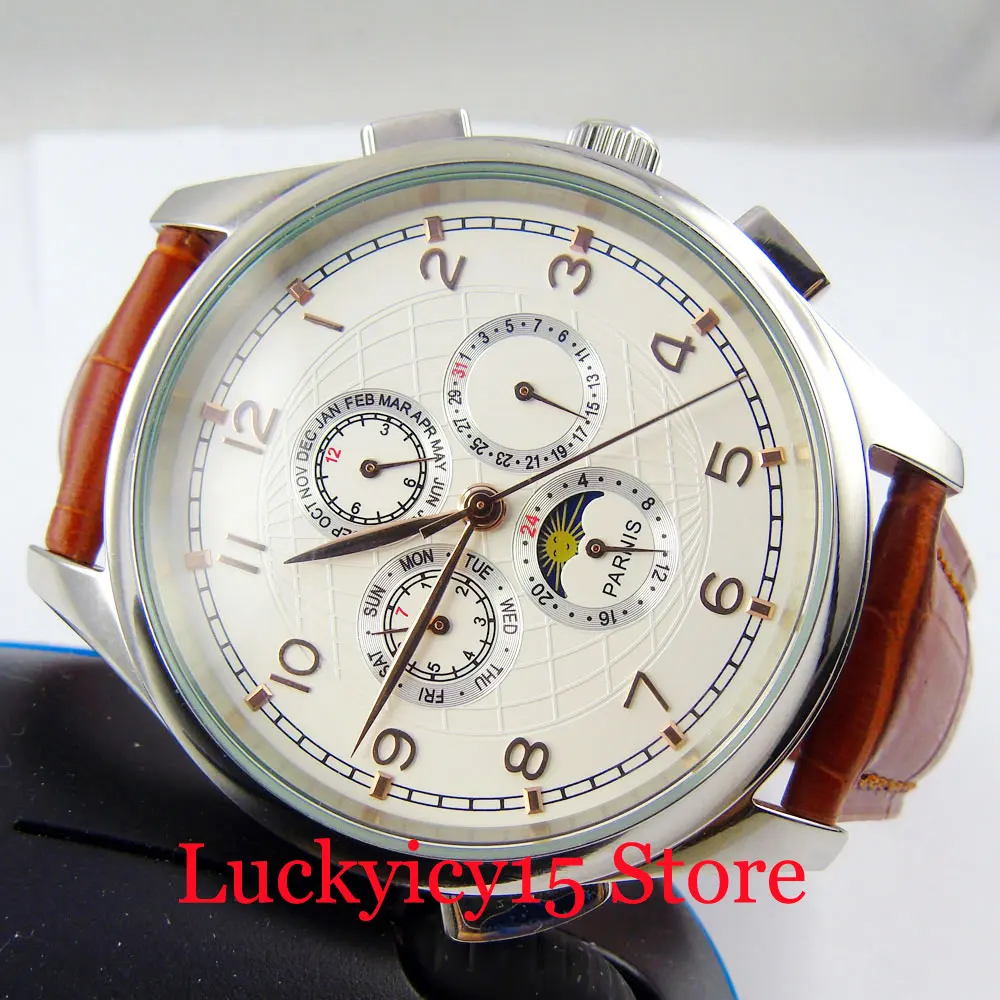 

Fashional Multifunctional Automatic Men's Watch with Date Week Year Indicator White Dial Moon Phase Leather Strap