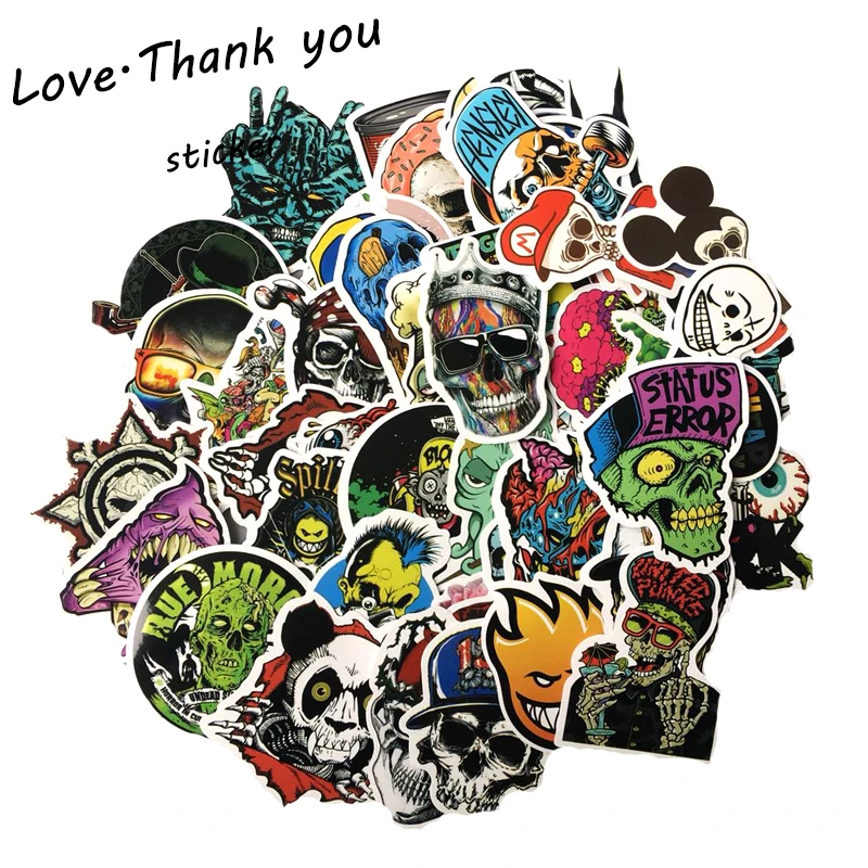 50PCS Mixed Horror Skull Stickers for Laptop Motorcycle Car Styling Luggage Phone Accessories Vinyl Decals DIY Terror Sticker