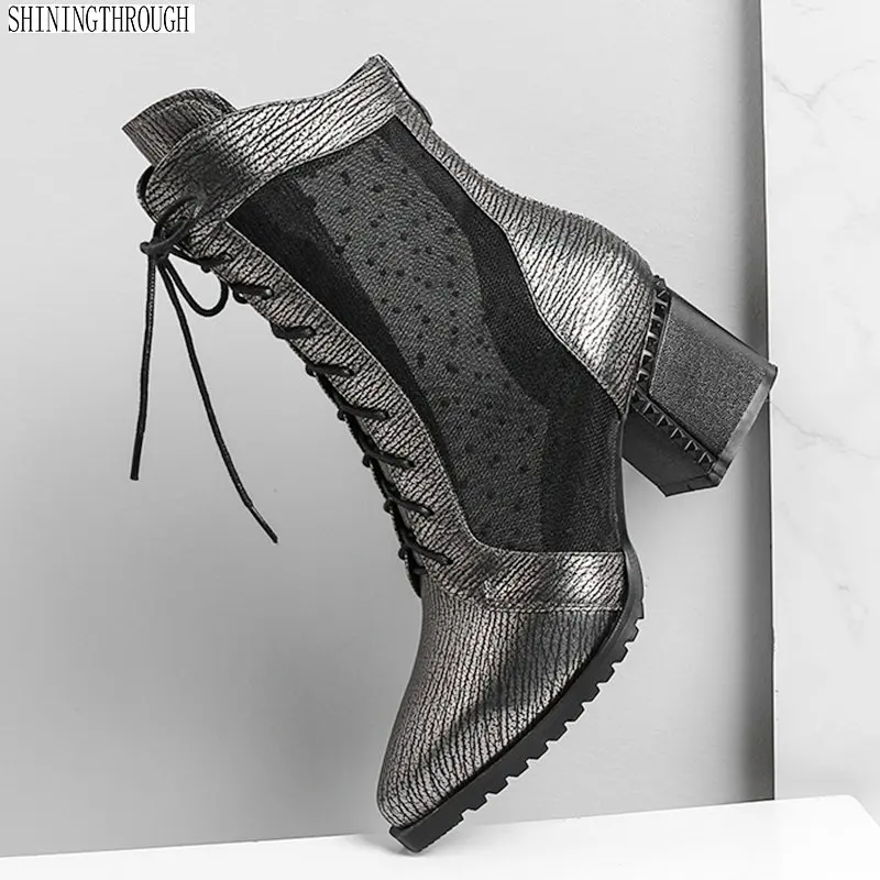 

2018 New Spring Autumn High Heels Genuine leather Boots Zipper Lace-up Shoes poined Toe Brand lace mesh Women Shoes
