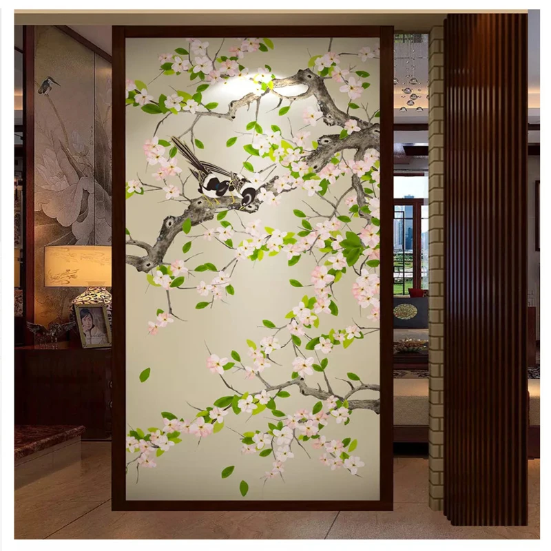 beibehang Custom wall papers home decor	fashion three-dimensional flower hand-painted pen and bird new Chinese porch background