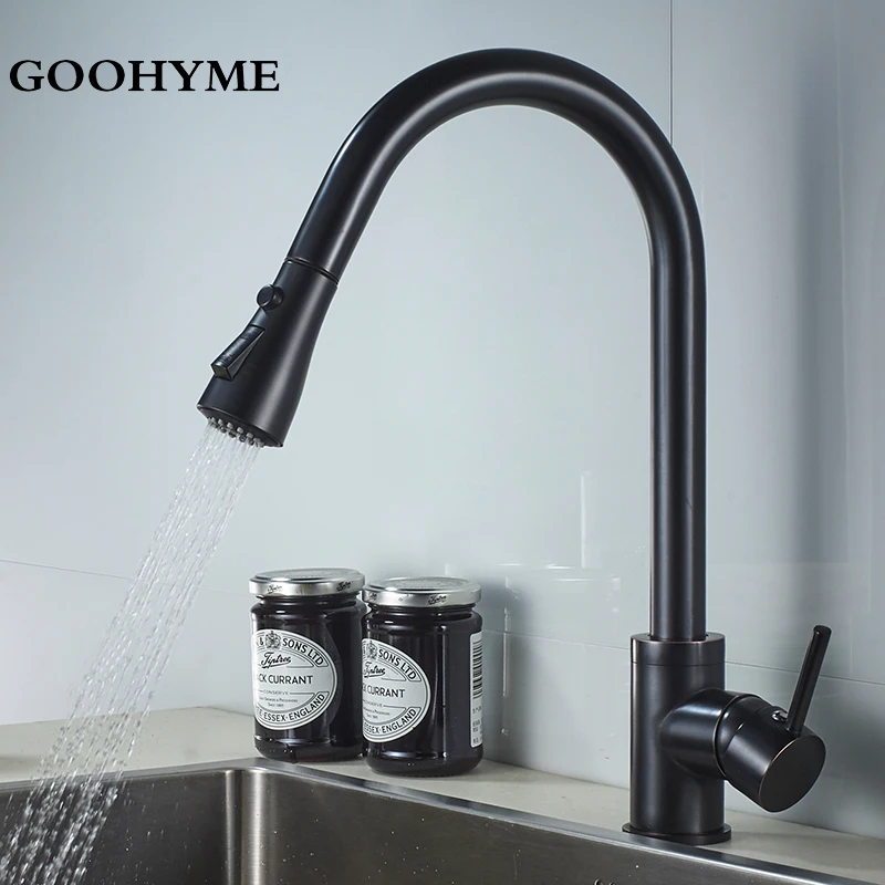 

Deck Mounted Modern Chrome Kitchen Faucet 360 Degrees Rotation Pull Down Spray Two Forms Of Water Blackened Kitchen Tap KF005