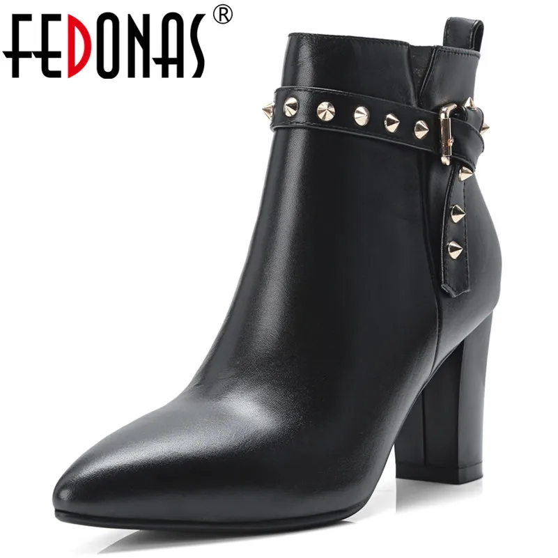 

FEDONAS Sexy Punk Women Genuine Leather Ankle Boots Rivets Party Wedding Shoes Woman Zipper High Heels Office Pumps Basic Boots