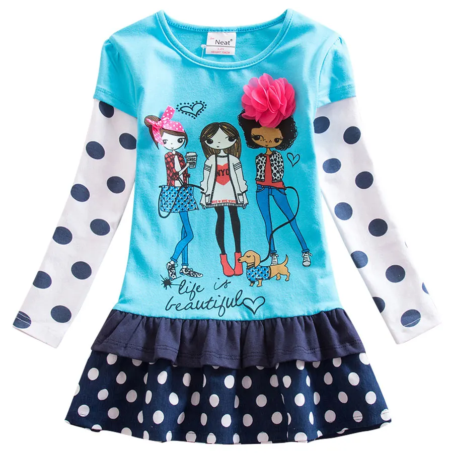 

2018 new girl long sleeve dress print pattern flower leisure 100% cotton wave point girl children's clothing LH6495