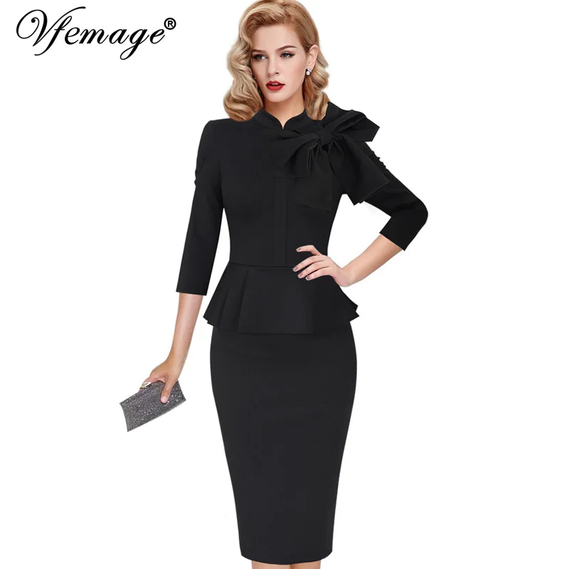 Vfemage женщин Элегантный 50 s Винтаж Pinup Ретро 3/4 рукав баски лук работы коктейль Bodycon