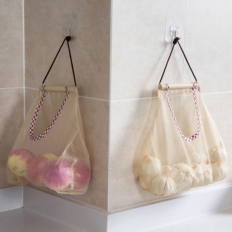 Kitchen Storage Bag Bathroom Organizer Accessories Mesh Grocery Bag Drawstring Wall Hanging Bag Reusable Disposable
