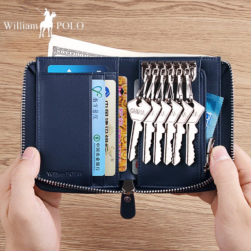 

WilliamPolo New Zipper Key Wallet Leather men Key Holder Luxury brand home key case Small wallet coin purse Blue Pouch money bag