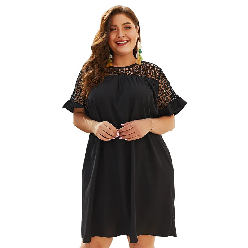 

Lace Dresses Summer Casual Lace Hollow Out Vestidos Short Sleeve Black Plus Size Dress XXL 3XL 4XL Robe Femme Vestiti Donna 2019