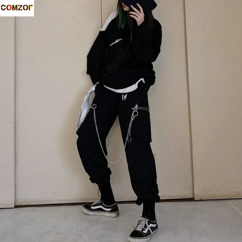 

2019 Women street hip hop punk wide leg pants with chains big pockets cargo pants ladies vintage high waist trousers joggers