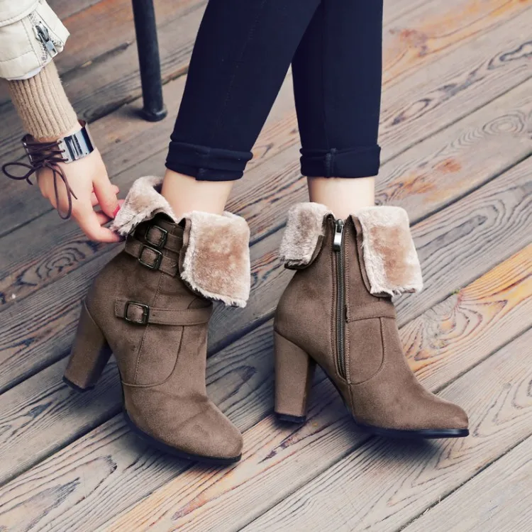 

YMECHIC Female Winter Boots Women Shoes Buckles Warm Black Gray Short Ankle Snow Boots High Heels Lady Thick Boot Plus Size 2017